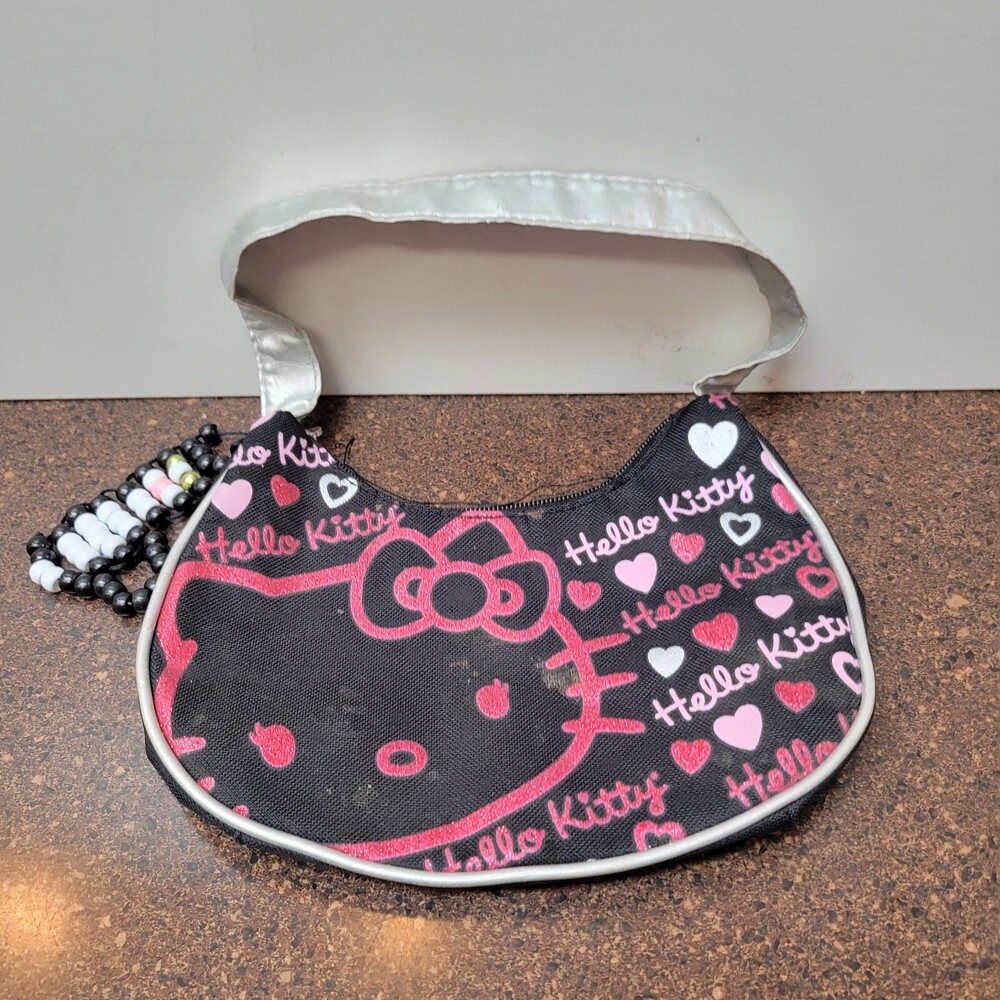 Hello Kitty Hobo Purse Shoulder Bag Black Pink Glitter Silver Handle Zippered